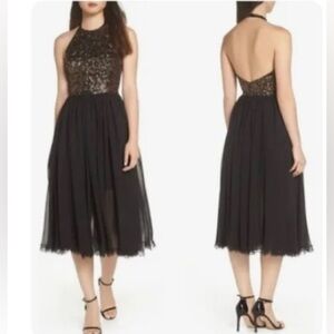 Dress The Population Tatiana Black Sequin Halter Midi Dress